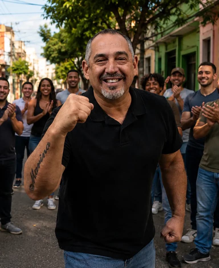 Marco Cobra em ação de rua, cercado por moradores