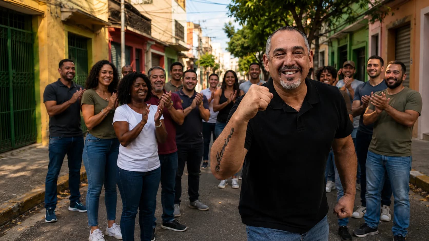 Marco Cobra em ação de rua, cercado por moradores