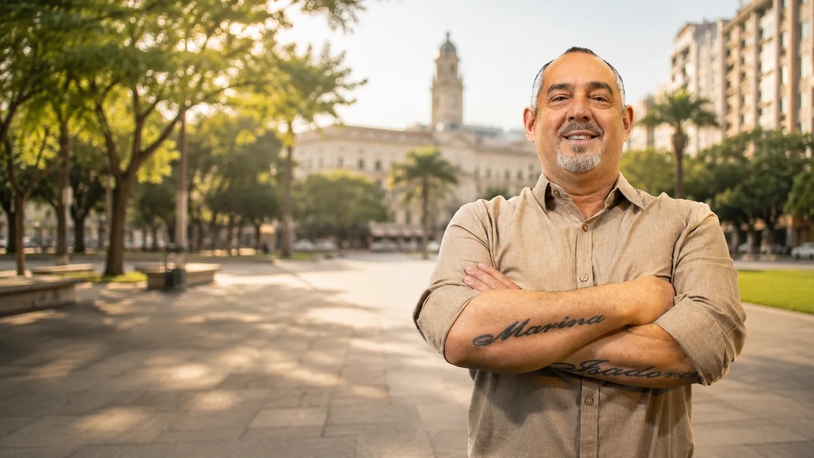 Marco Cobra de braços cruzados numa praça, ao entardecer