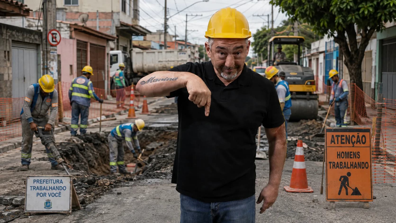 Marco Cobra de capacete apontando para uma obra de rua