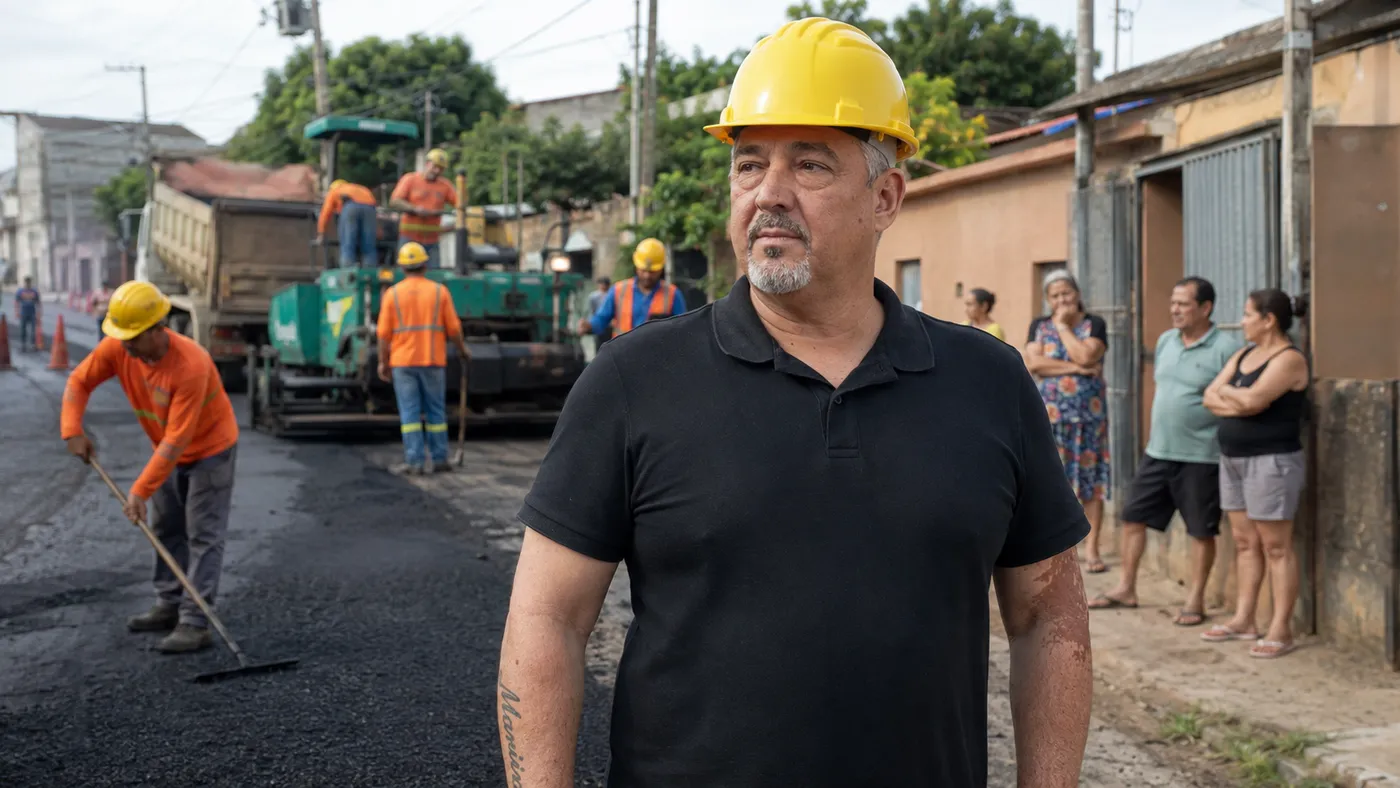 Marco Cobra acompanhando obra de recapeamento